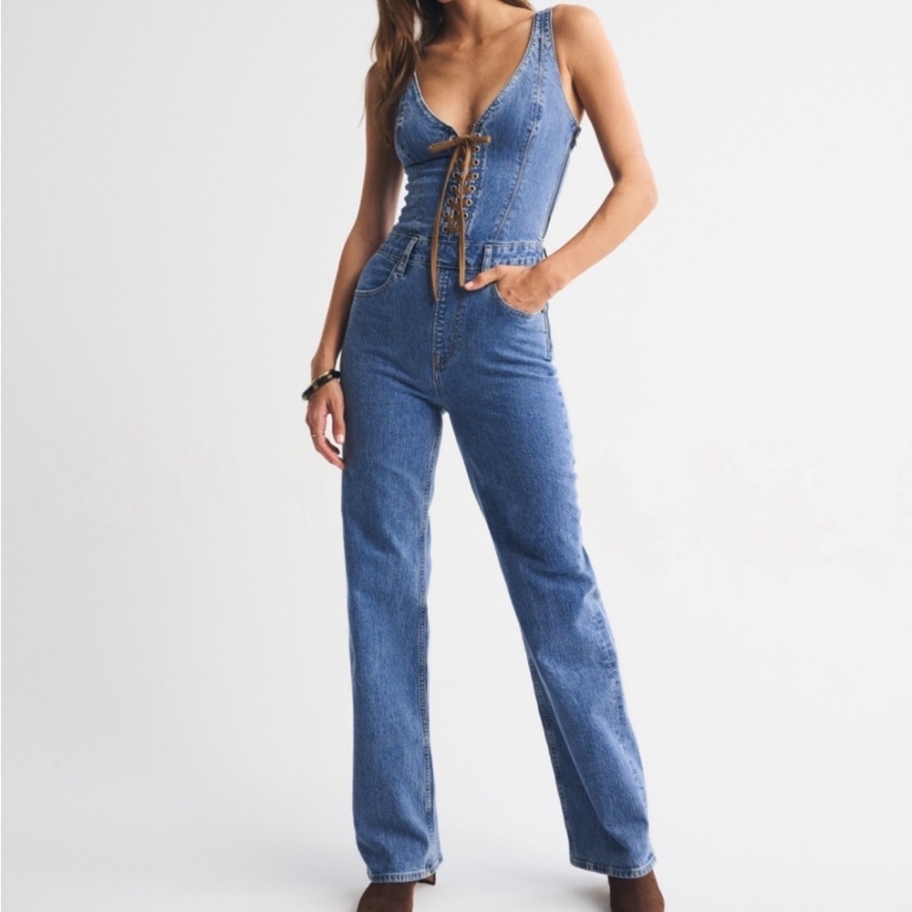 Vegan Suede Lace-Up Denim Jumpsuit Abercrombie L